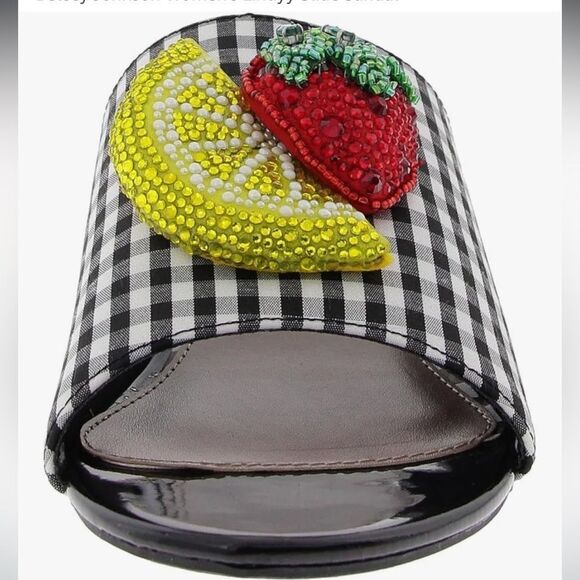 Betsey Johnson Black and White Gingham Sandals with Strawberry Appliqué - Picture 4 of 9